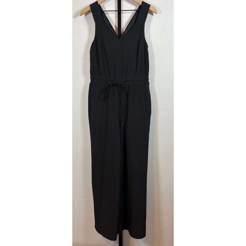 Athleta Savannah Jumpsuit Women 2 Black V-Neck Drawstring Wide Leg Athleisure